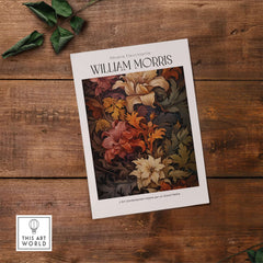 William Morris Prints - Rich Floral Foliage Pattern Art Print - Autumnal Botanical Poster on wooden background.