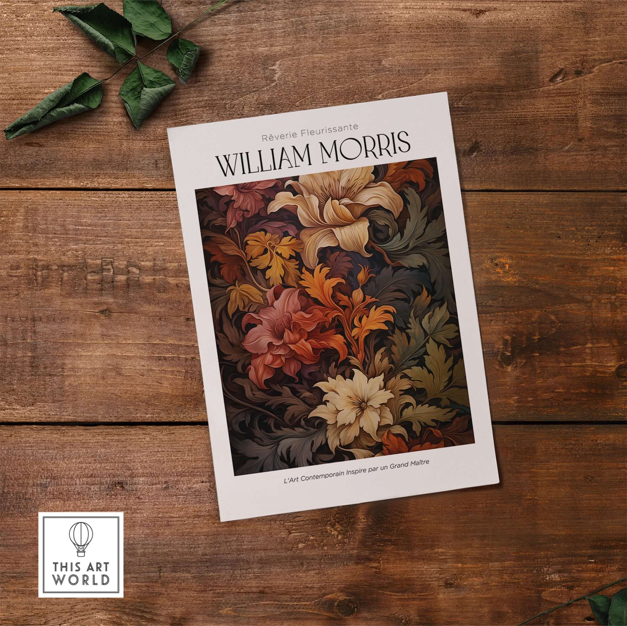 William Morris Prints - Rich Floral Foliage Pattern Art Print - Autumnal Botanical Poster on wooden background.