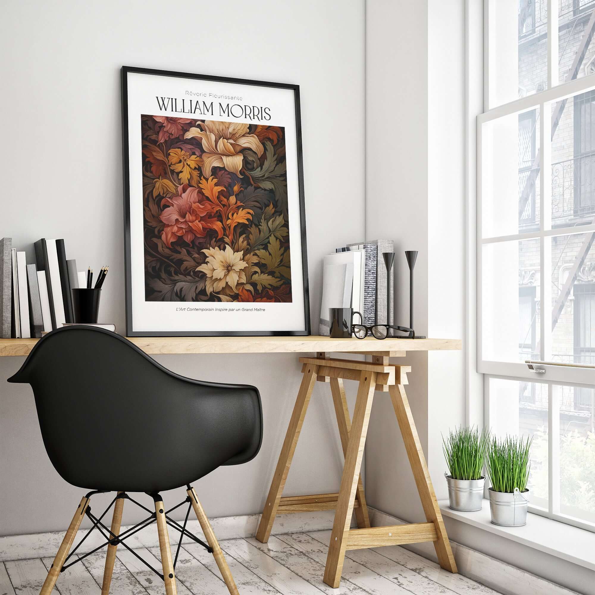 William Morris Prints - Rich Floral Foliage Pattern Art Print - Autumnal Botanical Poster displayed in a stylish home office setting.
