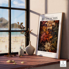William Morris Prints - Rich Floral Foliage Pattern Art Print - Autumnal Botanical Poster displayed on a stylish table.
