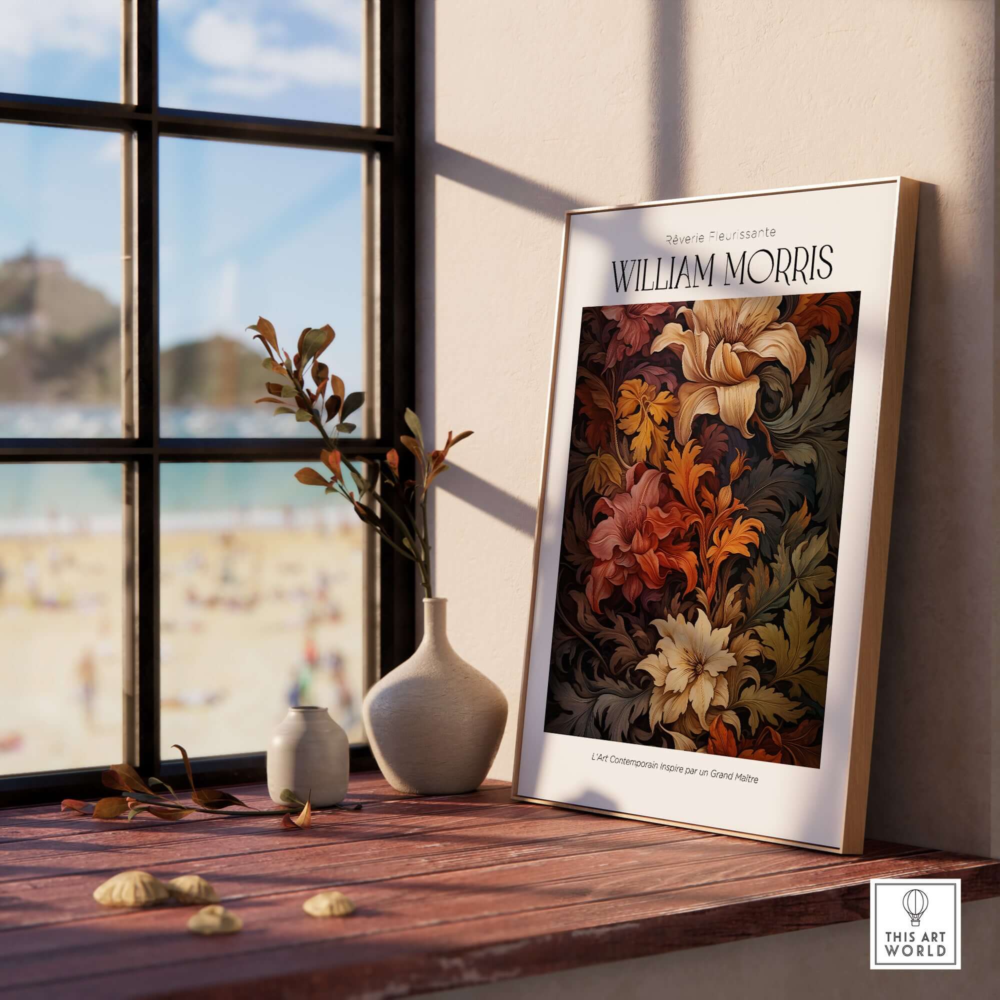 William Morris Prints - Rich Floral Foliage Pattern Art Print - Autumnal Botanical Poster displayed on a stylish table.
