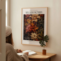 William Morris Prints - Rich Floral Foliage Pattern Art Print - Autumnal Botanical Poster hanging on a wall.