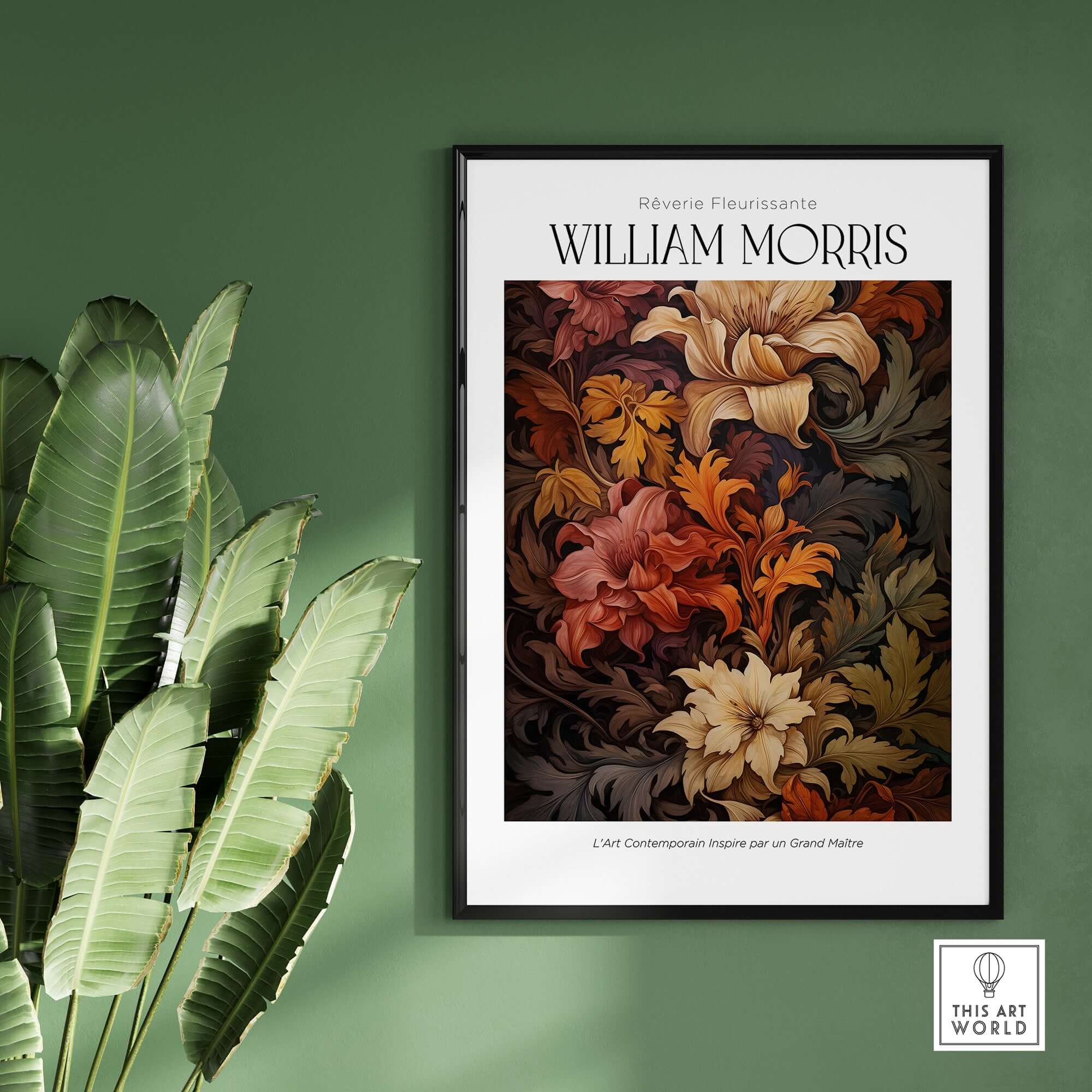 William Morris Prints - Rich Floral Foliage Pattern Art Print - Autumnal Botanical Poster displayed on a green wall.