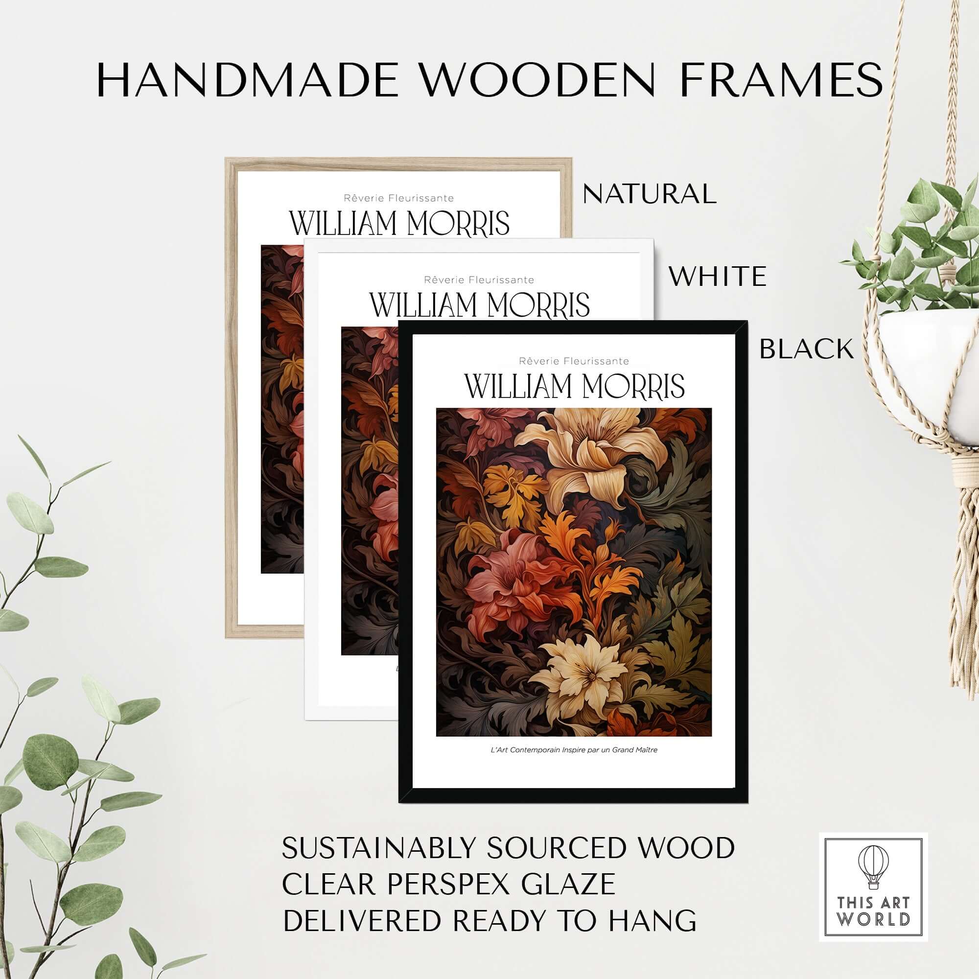 William Morris Prints - Rich Floral Foliage Pattern Art Print - Autumnal Botanical Poster framed in natural, white, and black wood.