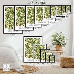 William Morris Prints - White Blossom Branch Art Print - Exhibition Poster size guide showing various print dimensions.