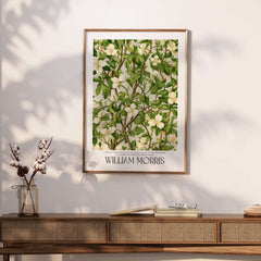William Morris Prints - White Blossom Branch Art Print - Exhibition Poster displayed in a modern interior setting.