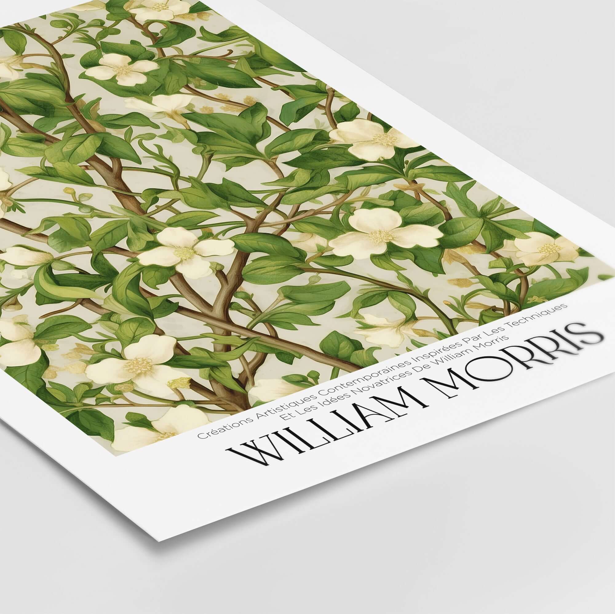 William Morris Prints - White Blossom Branch Art Print - Exhibition Poster featuring intricate white blossoms and green leaves.