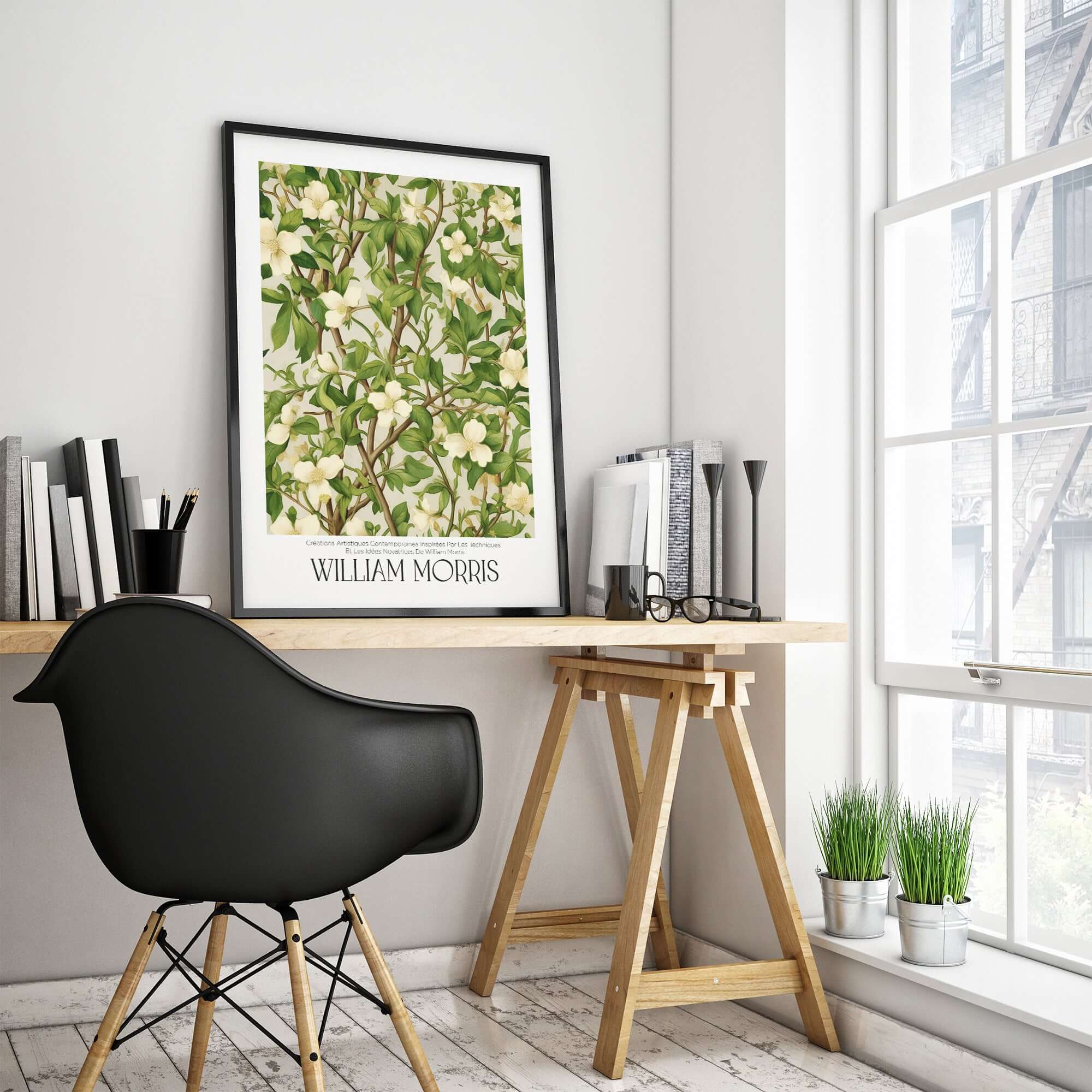 William Morris Prints - White Blossom Branch Art Print - Exhibition Poster displayed in a modern office setting.
