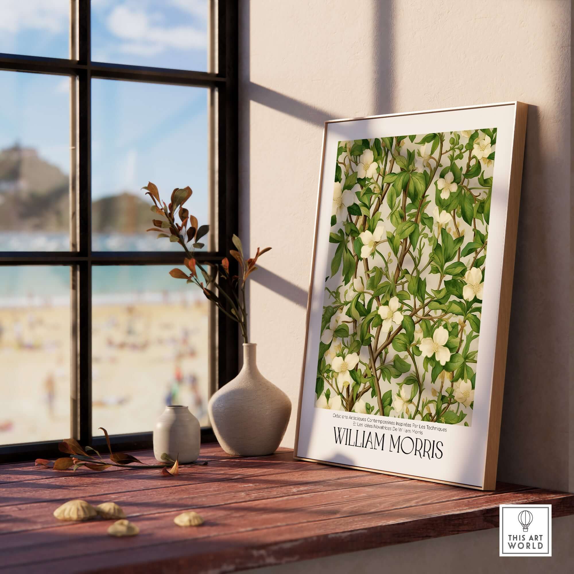 William Morris Prints - White Blossom Branch Art Print - Exhibition Poster displayed in a bright room by a window.