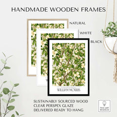 William Morris Prints - White Blossom Branch Art Print - Exhibition Poster displayed in handmade wooden frames.