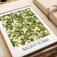William Morris Prints - White Blossom Branch Art Print - Exhibition Poster featuring intricate floral design.