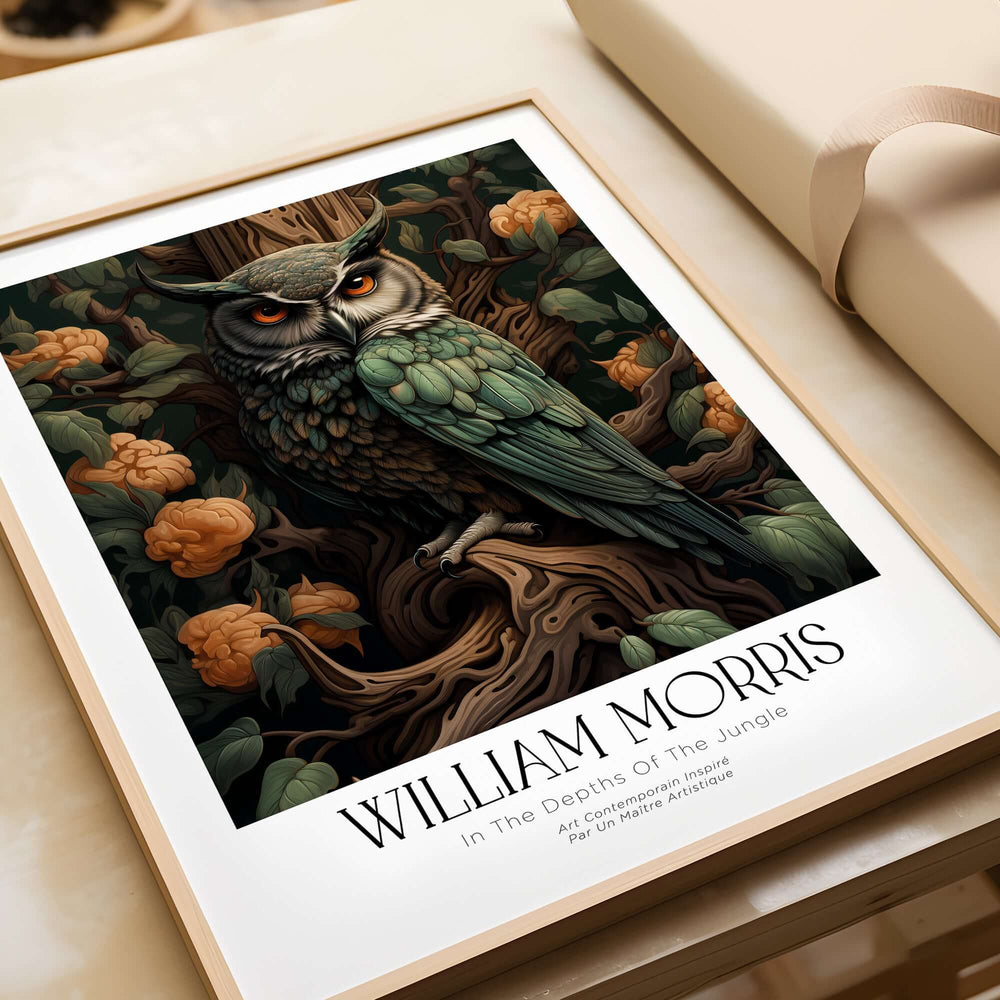 William Morris Prints - Wise Owl Botanical Art Print - Floral Tree Poster displayed in a decorative frame with a dark jungle theme.