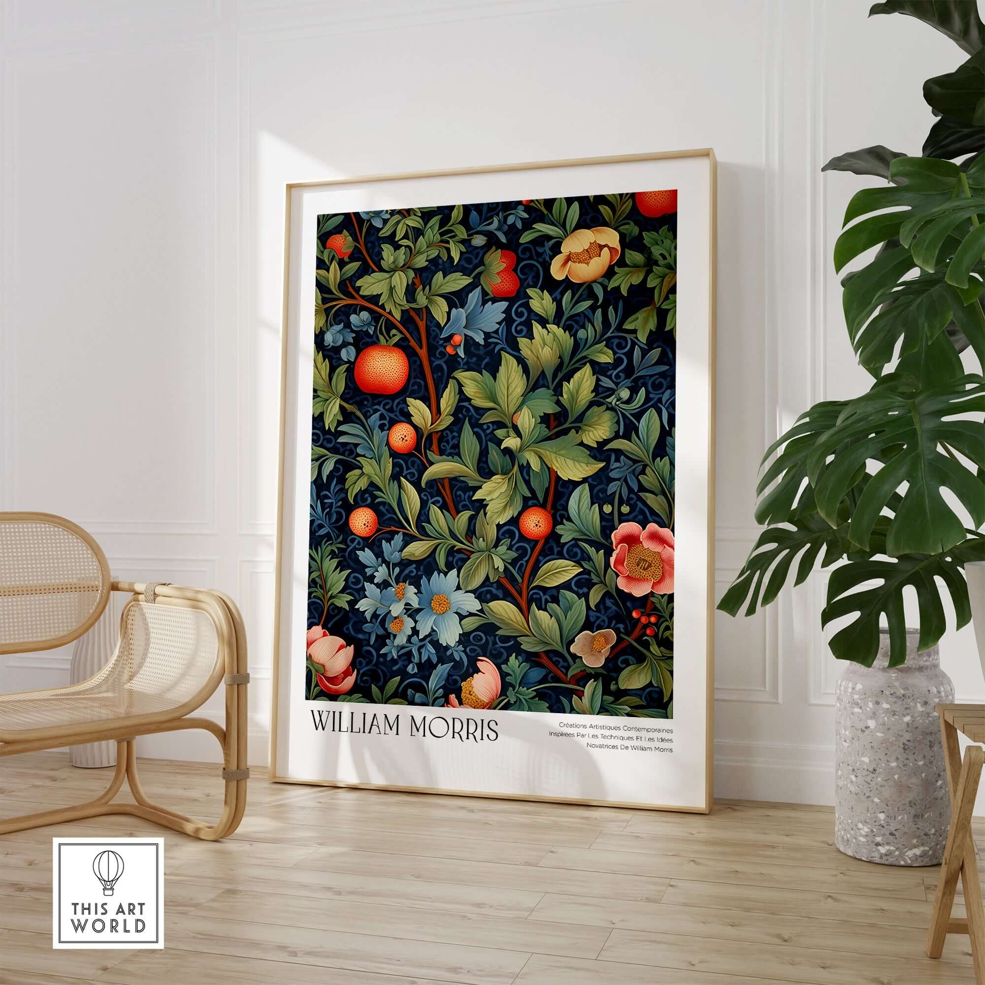William Morris William Morris Fruit and Floral Vine Art Print - Dark Botanical Poster displayed in a stylish home setting.