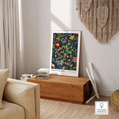 William Morris William Morris Fruit and Floral Vine Art Print - Dark Botanical Poster displayed in a stylish interior.