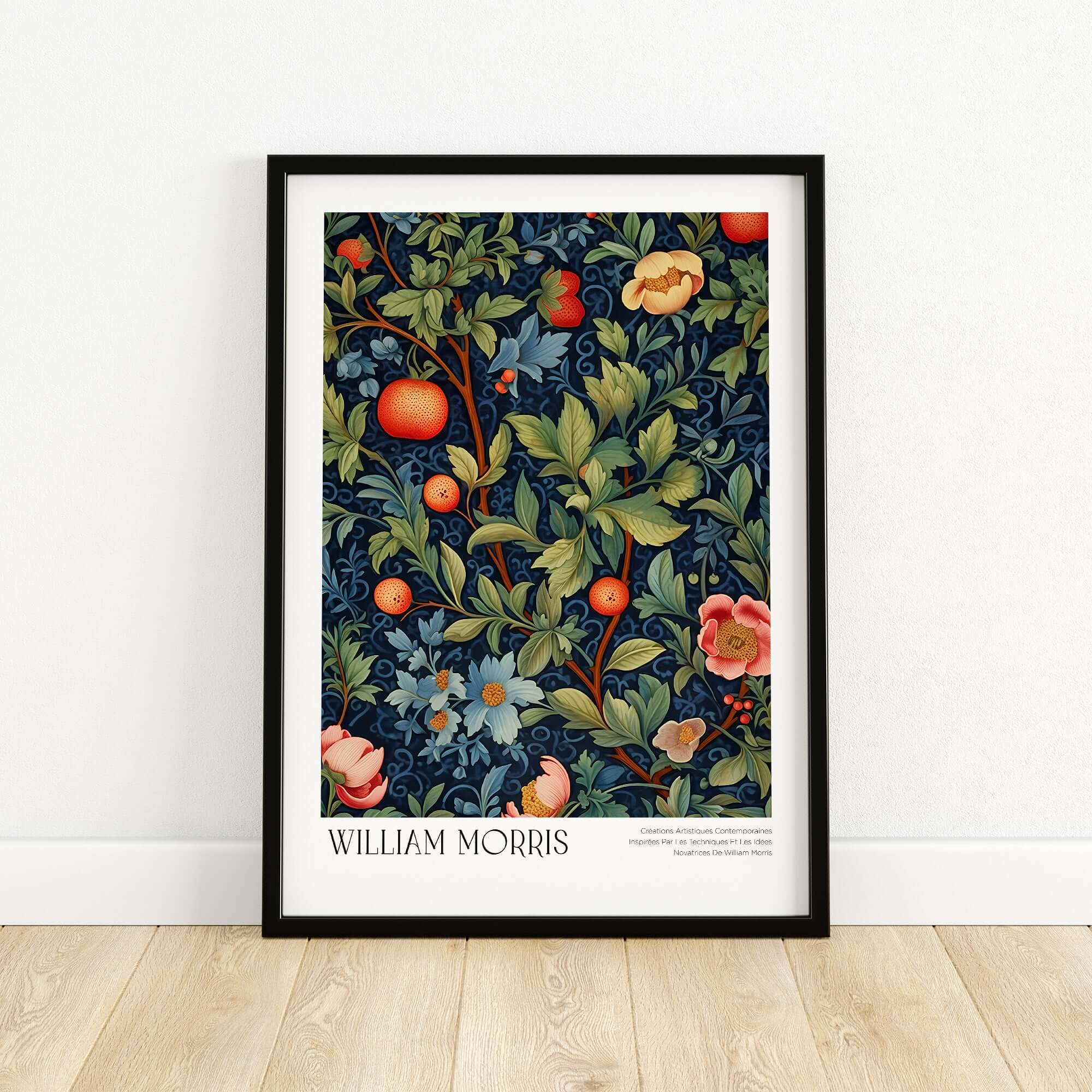 William Morris William Morris Fruit and Floral Vine Art Print - Dark Botanical Poster on a wall.