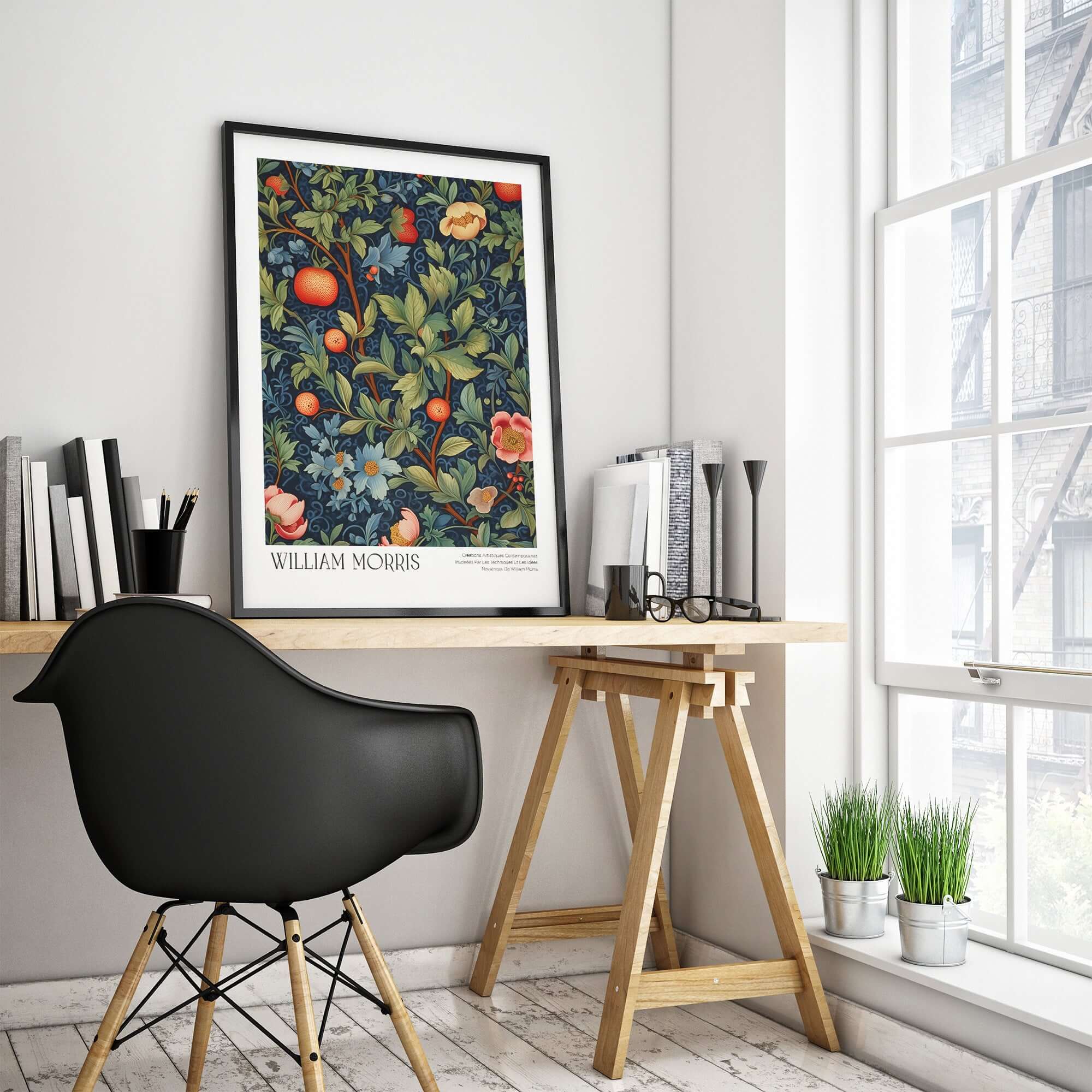 William Morris William Morris Fruit and Floral Vine Art Print - Dark Botanical Poster framed on a stylish desk.