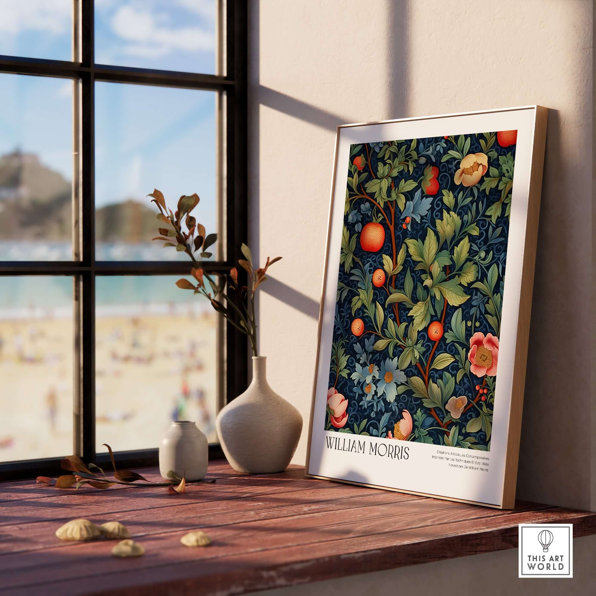 William Morris William Morris Fruit and Floral Vine Art Print - Dark Botanical Poster displayed in a bright room with beach view.