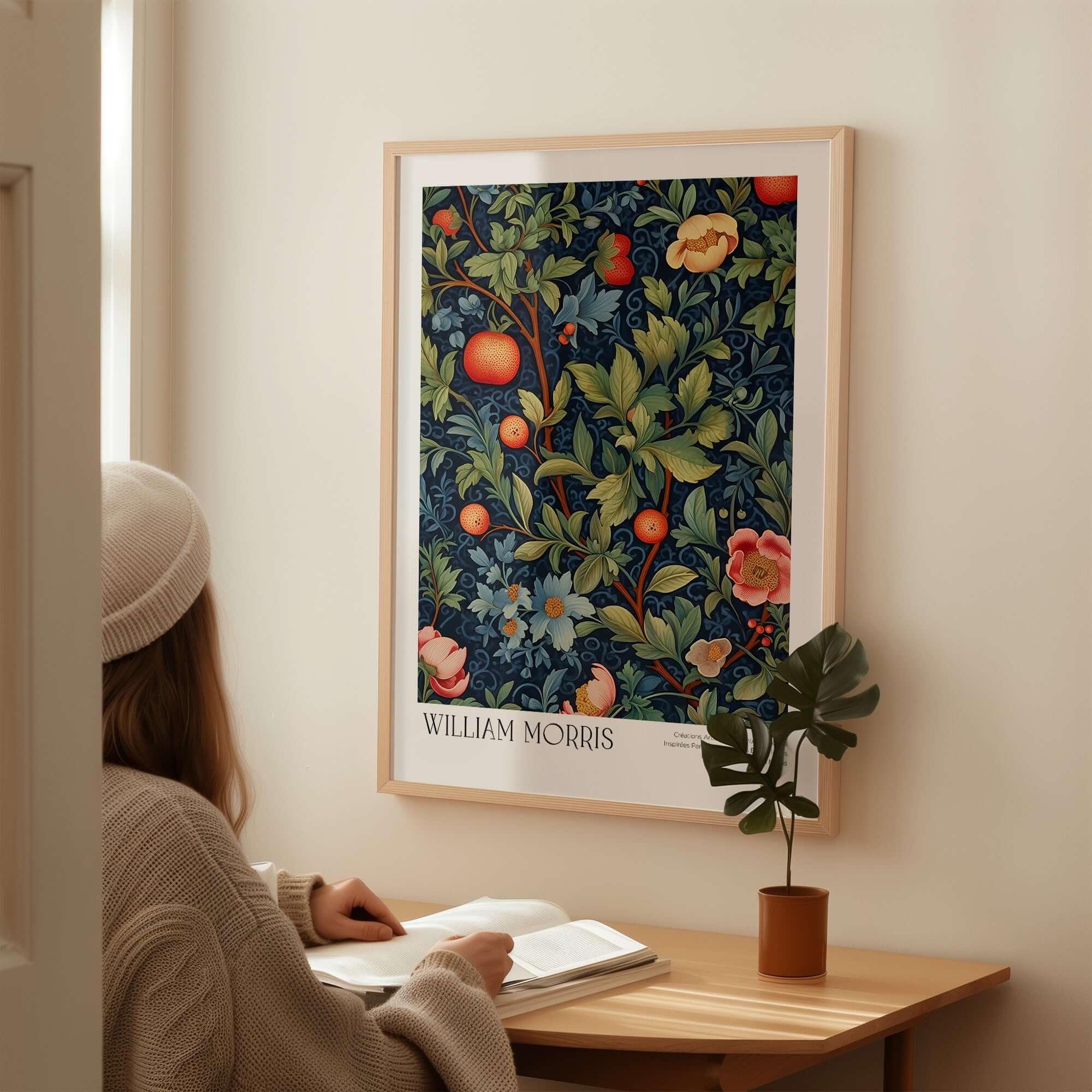 William Morris William Morris Fruit and Floral Vine Art Print - Dark Botanical Poster displayed in a cozy interior setting.