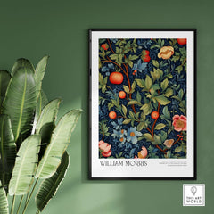William Morris William Morris Fruit and Floral Vine Art Print - Dark Botanical Poster displayed in a stylish frame.