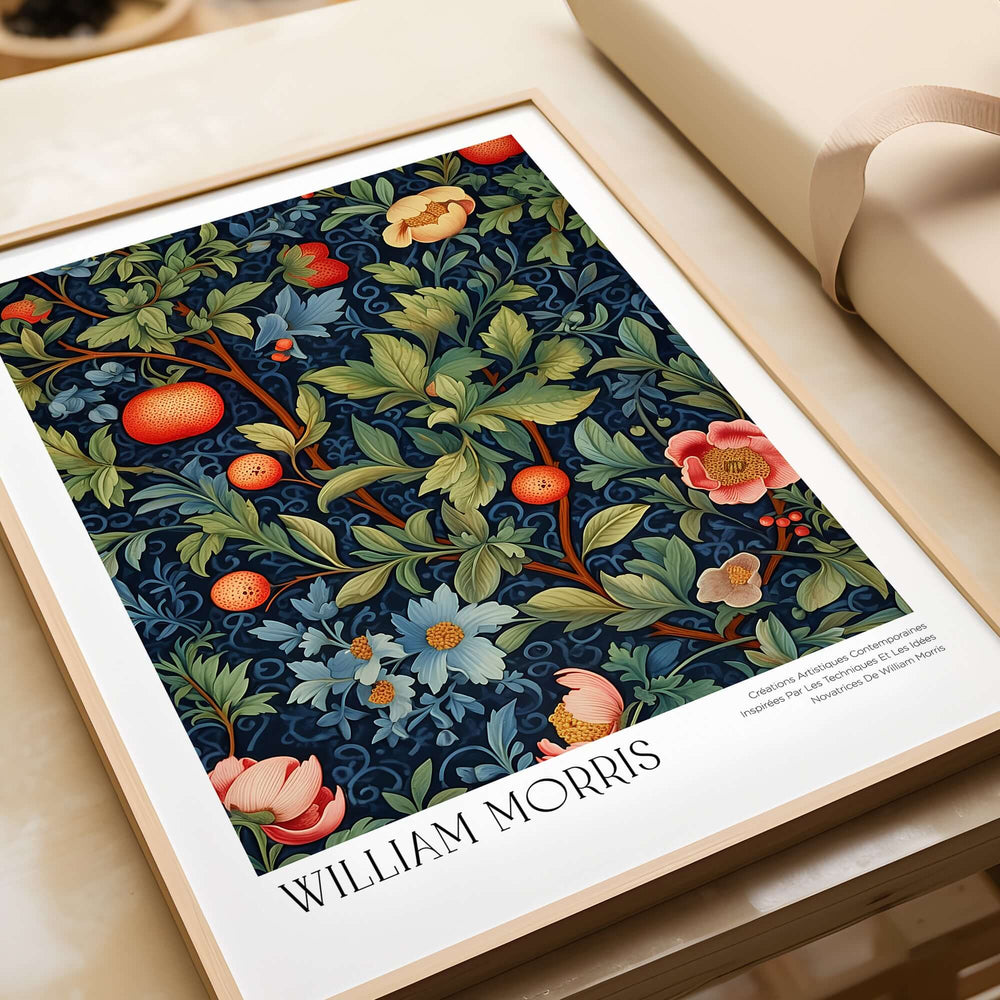 William Morris William Morris Fruit and Floral Vine Art Print - Dark Botanical Poster displayed in a framed art print.