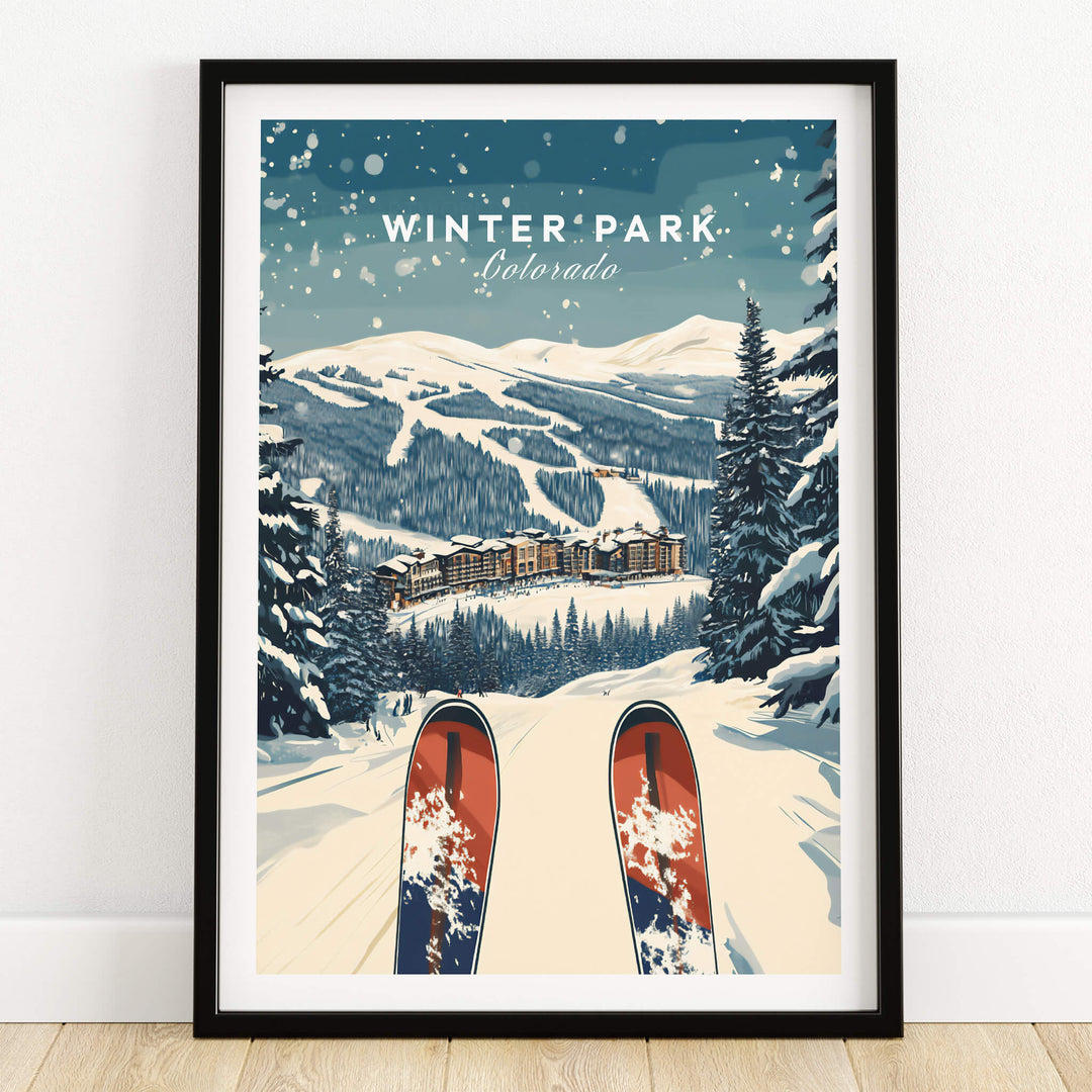 Winter Park Travel Poster - Colorado featuring scenic snowy mountains and ski equipment.