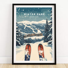 Winter Park Travel Poster - Colorado featuring scenic snowy mountains and ski equipment.