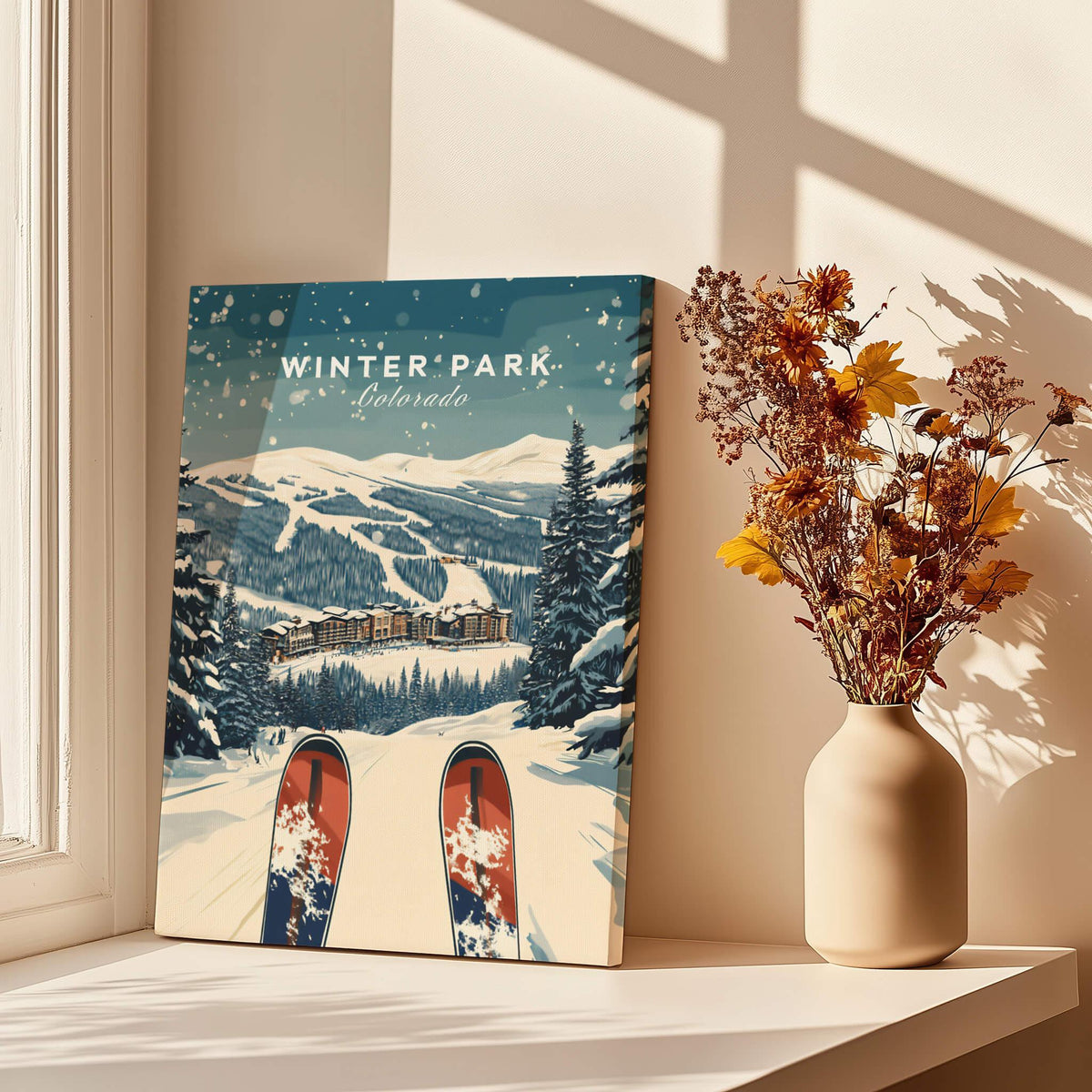 Winter Park Travel Poster - Colorado showcasing snowy mountains and skis by a sunny window.