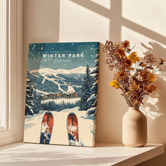 Winter Park Travel Poster - Colorado showcasing snowy mountains and skis by a sunny window.