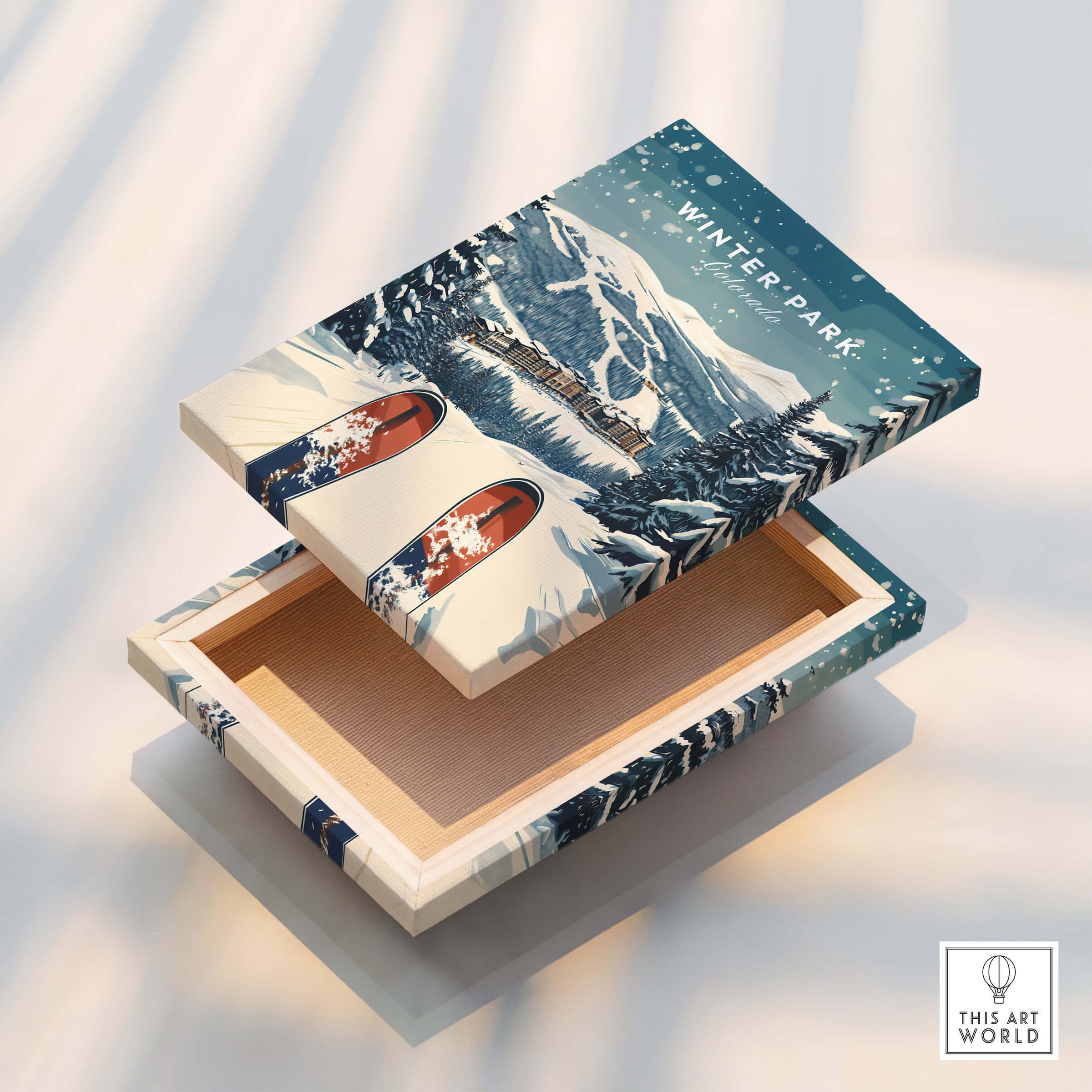 Winter Park Travel Poster - Colorado design on a wooden box showcasing snowy mountains and ski aesthetics.