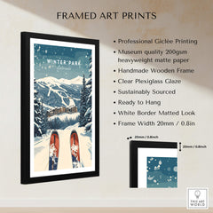 Winter Park Travel Poster - Colorado framed art print featuring snowy mountains and ski view.