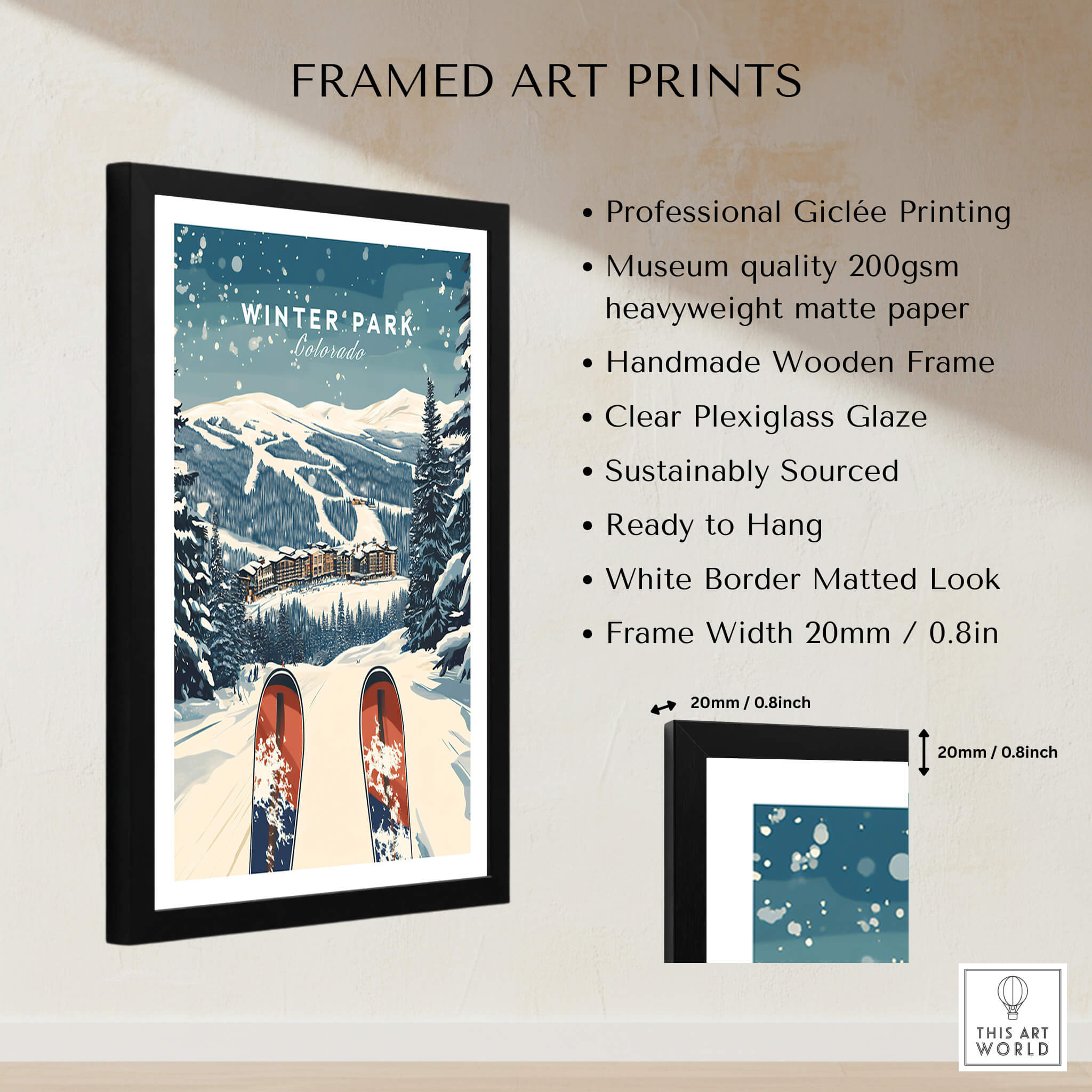 Winter Park Travel Poster - Colorado framed art print featuring snowy mountains and ski view.