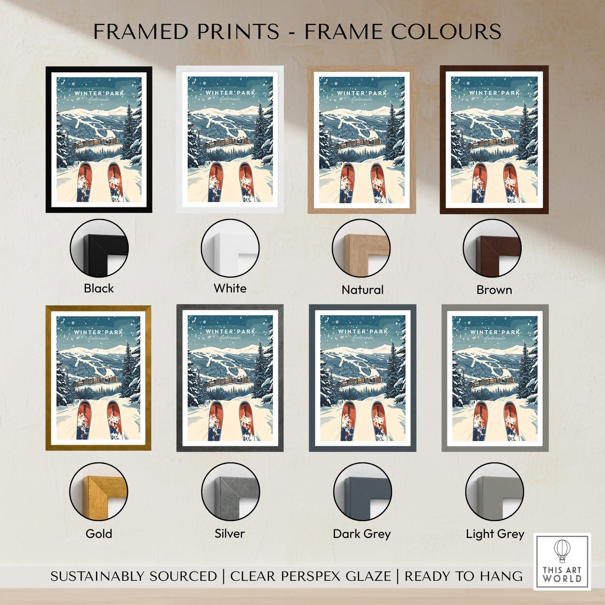 Winter Park Travel Poster - Colorado in various framed options including Black, White, Natural, Brown, Gold, Silver, Dark Grey, and Light Grey.