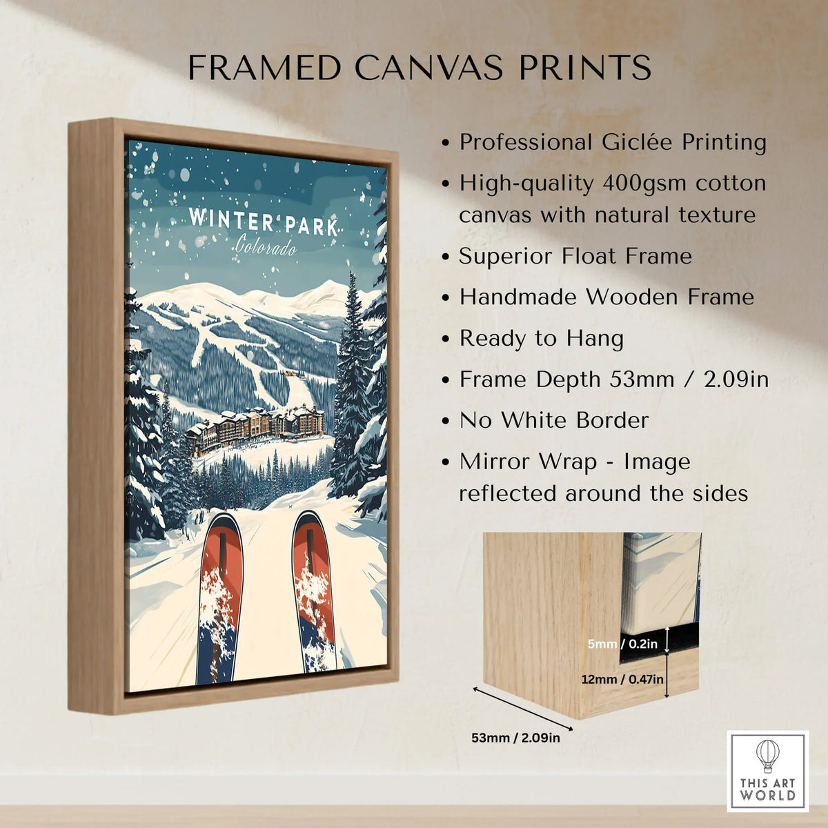 Winter Park Travel Poster - Colorado framed canvas print showcasing snowy mountains and ski design.
