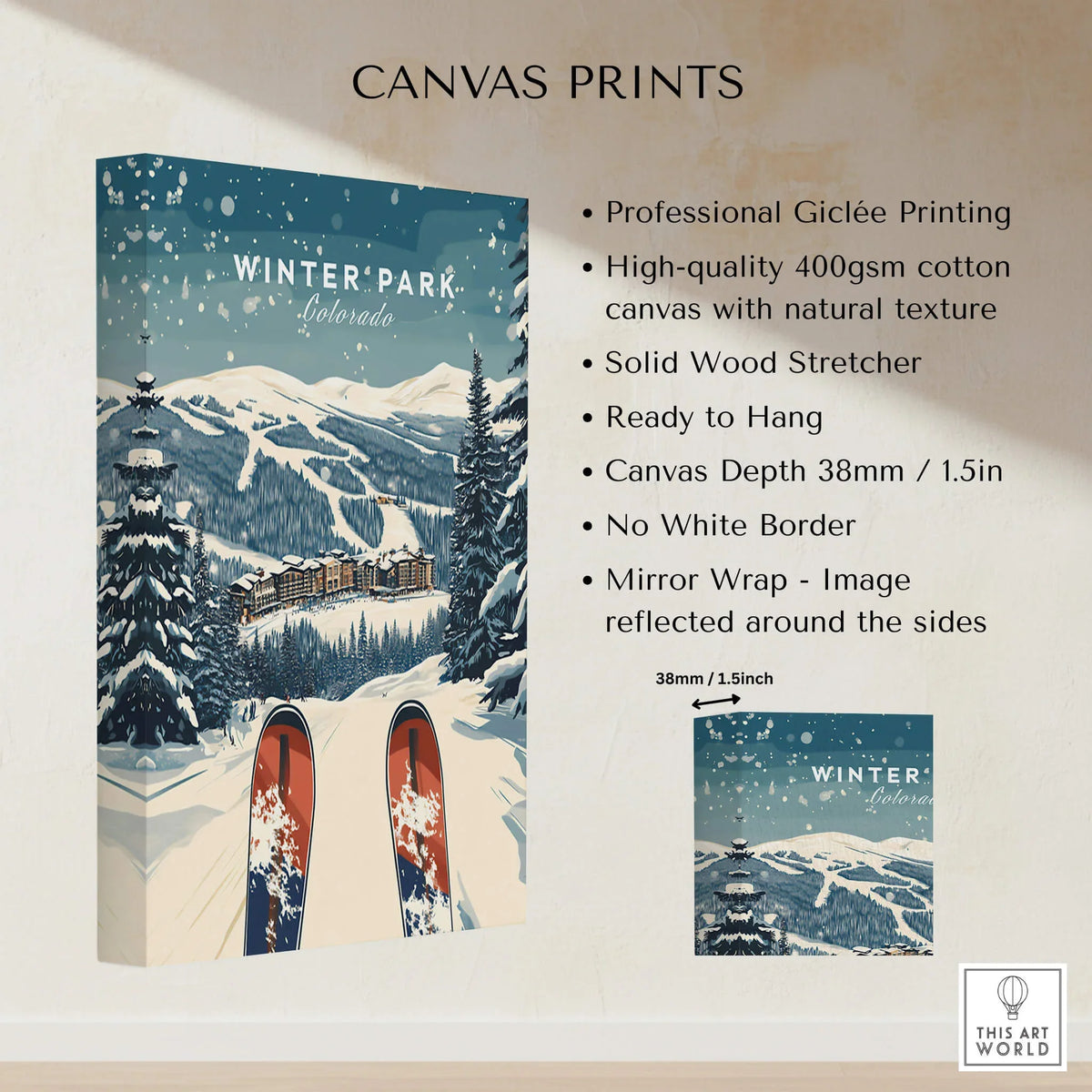 Winter Park Travel Poster - Colorado on high-quality canvas, showcasing snowy mountains and ski elements.
