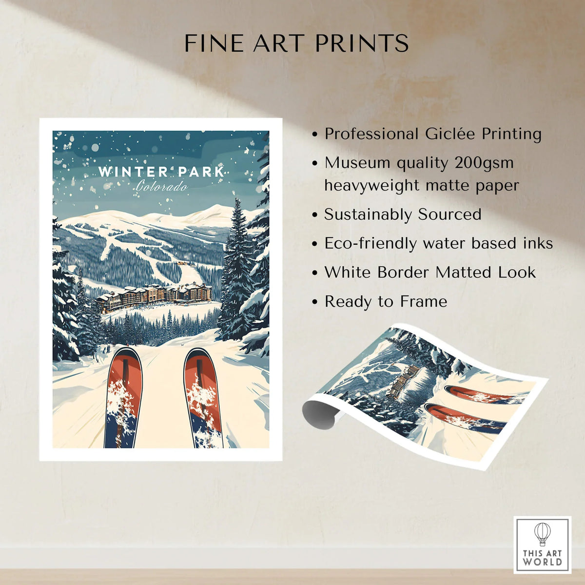 Winter Park Travel Poster - Colorado showcasing snowy mountains and skiing, perfect for home or office decor.