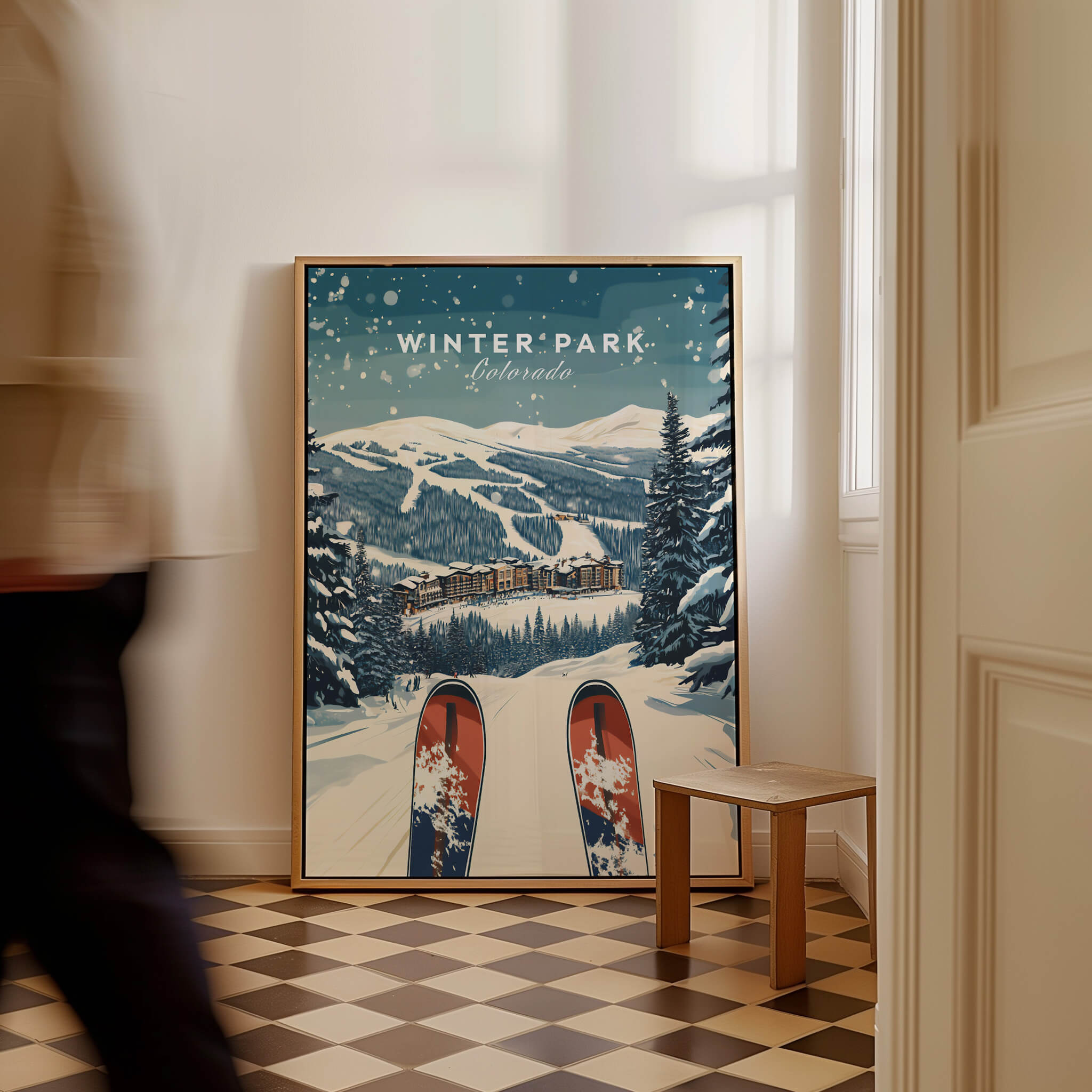 Winter Park Travel Poster -  Colorado showcasing snowy mountains and ski scene, perfect for home or office decor.