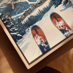 Winter Park Travel Poster - Colorado featuring ski prints of snowy mountains and slopes in a cozy setting.