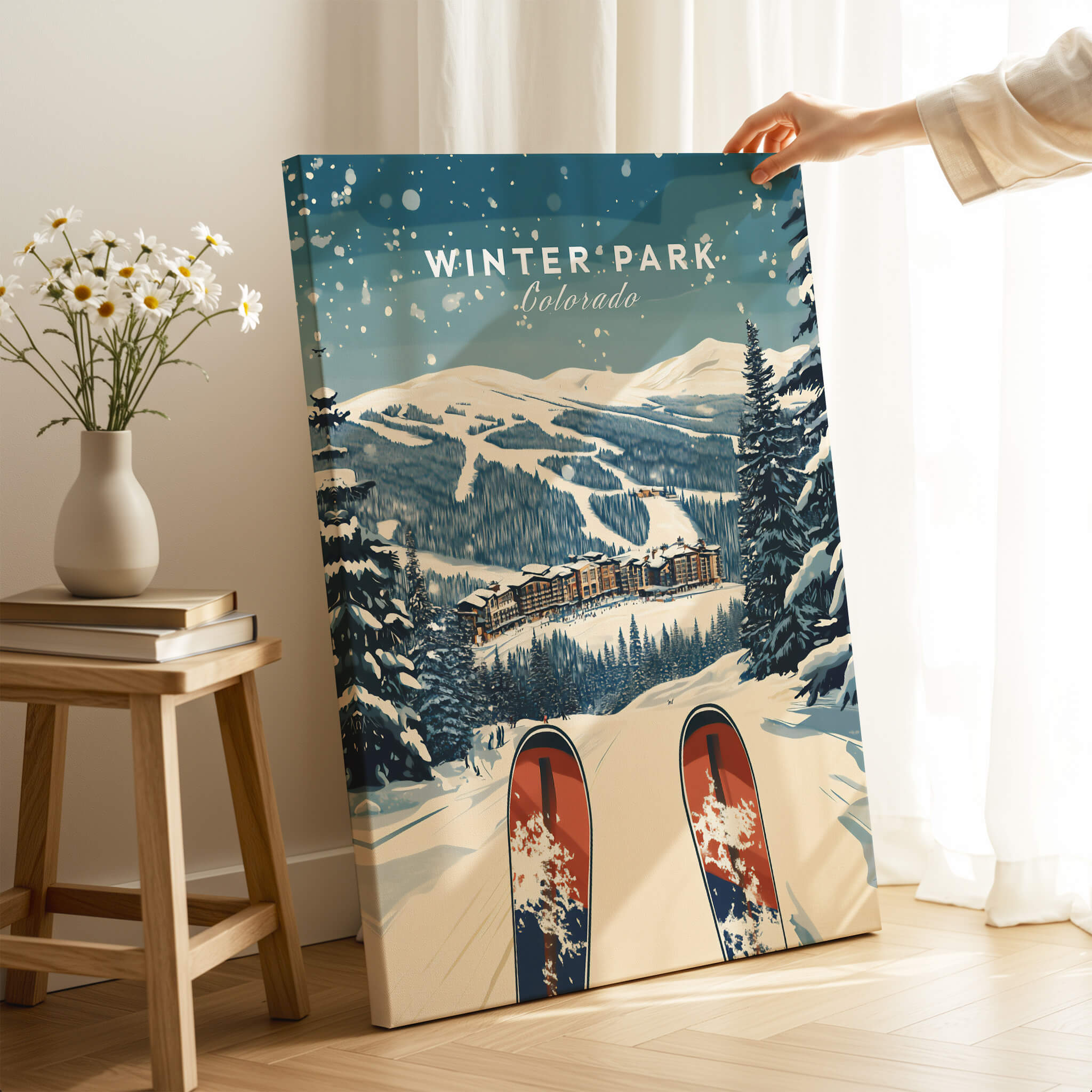 Winter Park Travel Poster - Colorado showcasing a snowy ski scene with vibrant colors and a cozy mountain backdrop.