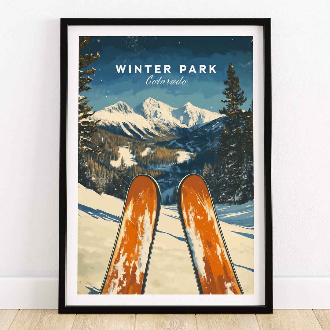 Winter Park Ski Poster - Colorado featuring skis and a stunning mountain landscape.