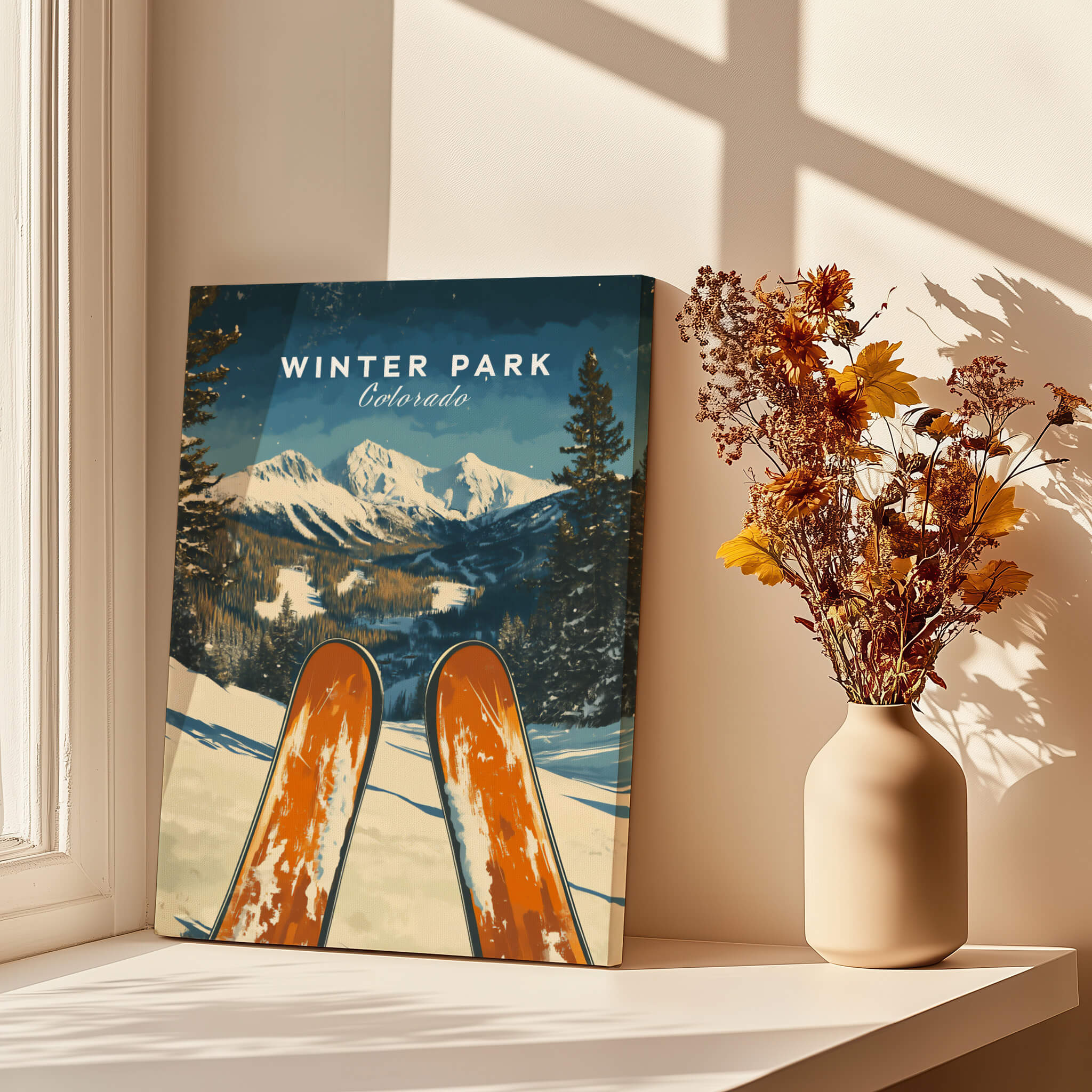 Winter Park Ski Poster - Colorado showcasing a beautiful mountain landscape with skis.