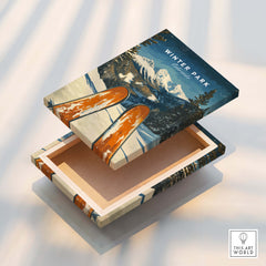 Winter Park Ski Poster - Colorado showcasing a ski-themed box with mountain landscape and vibrant colors.