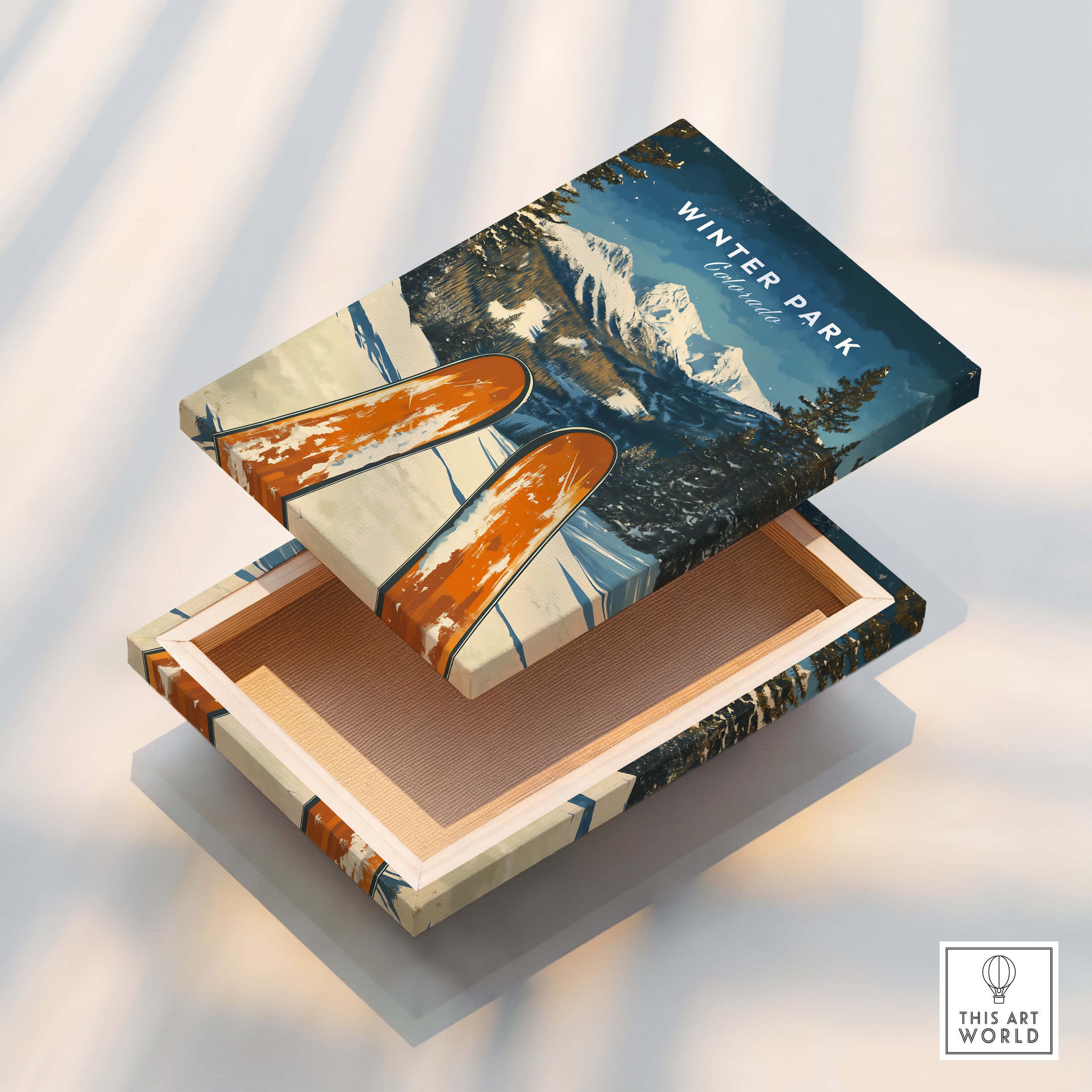 Winter Park Ski Poster - Colorado showcasing a ski-themed box with mountain landscape and vibrant colors.