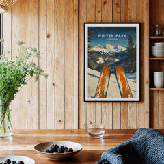Winter Park Ski Poster -  Colorado framed on wooden wall with scenic mountain view and ski tips.