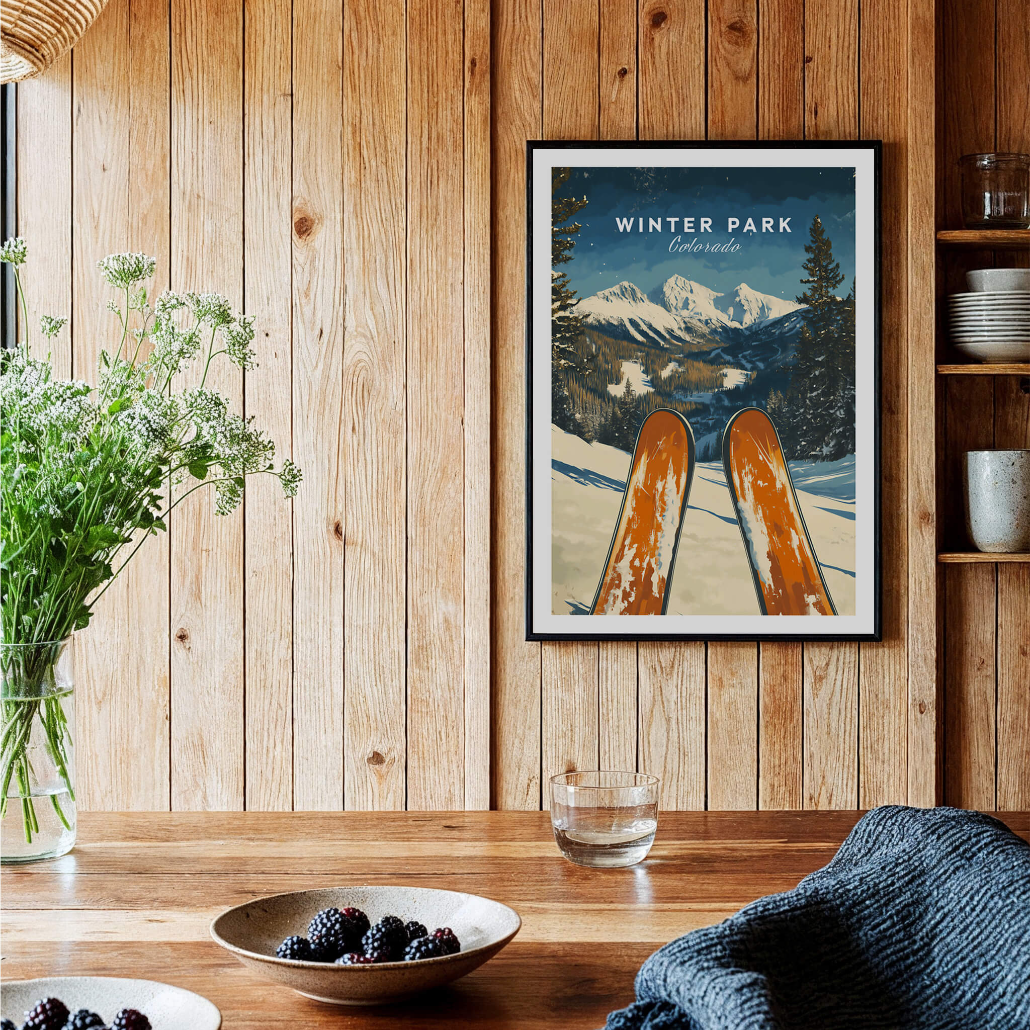 Winter Park Ski Poster -  Colorado framed on wooden wall with scenic mountain view and ski tips.