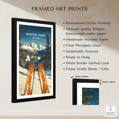 Winter Park Ski Poster - Colorado framed art print featuring picturesque mountains and ski equipment.