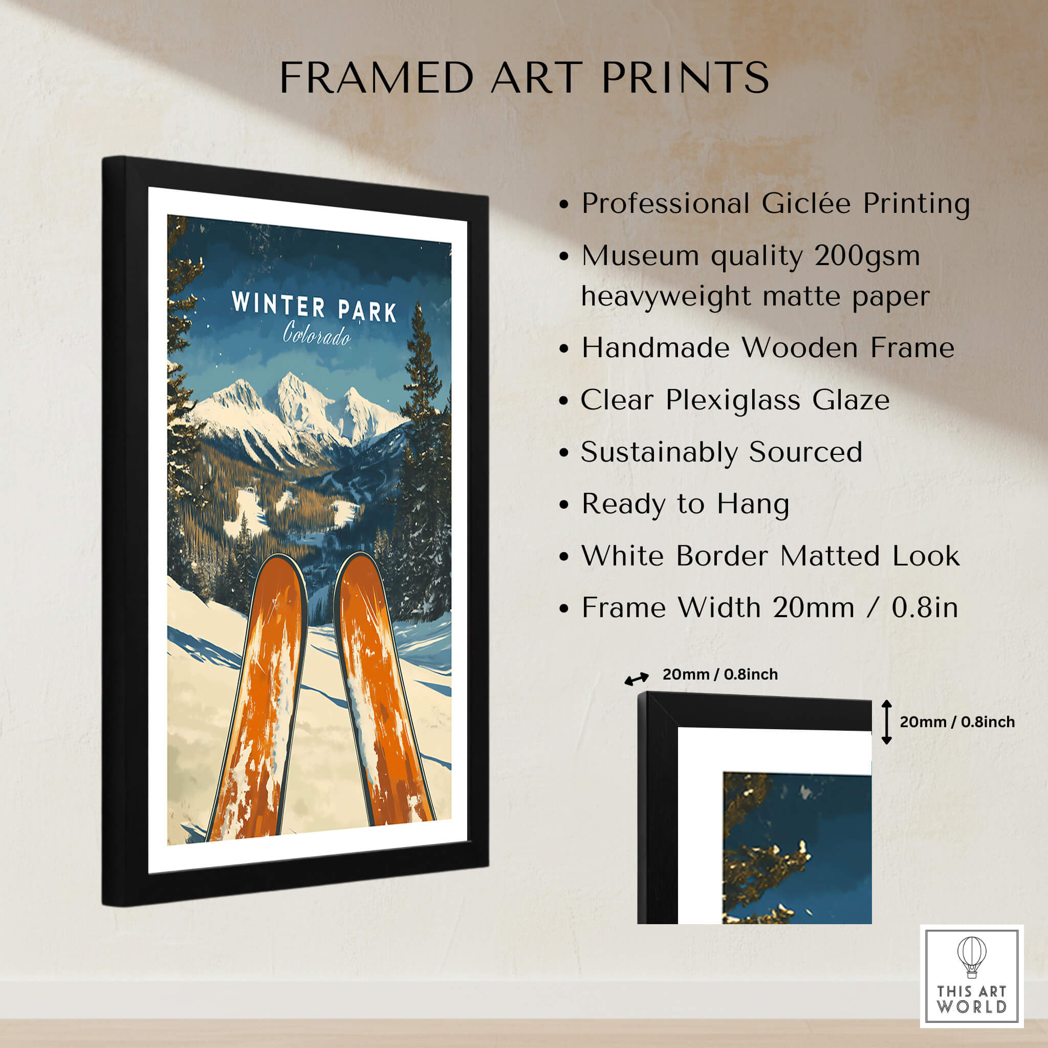 Winter Park Ski Poster - Colorado framed art print featuring picturesque mountains and ski equipment.