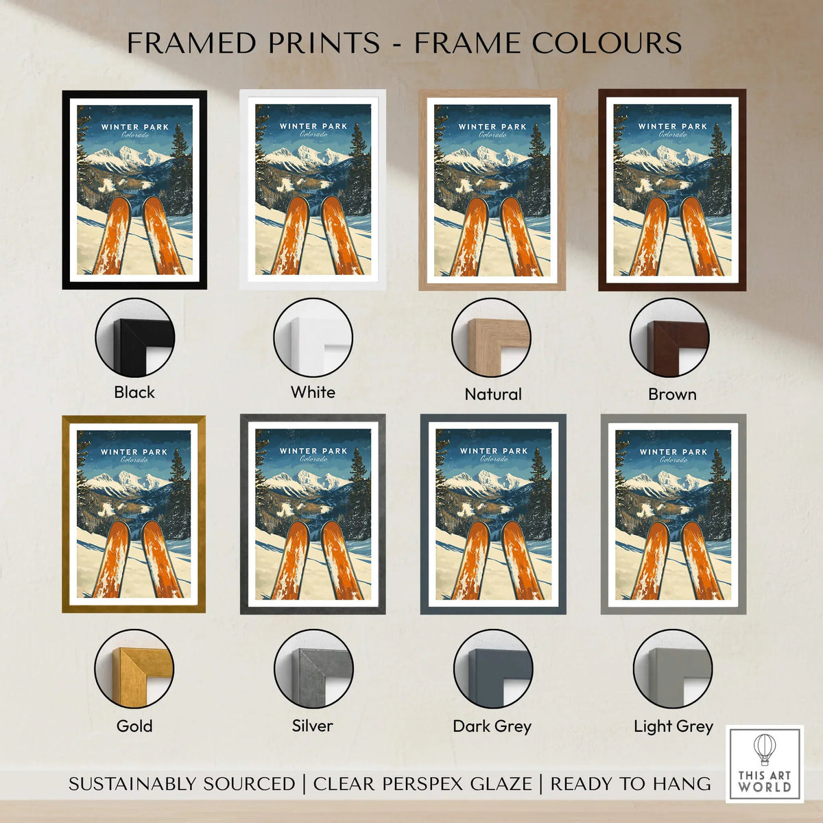 Winter Park Ski Poster - Colorado framed print color options, including black, white, natural, brown, gold, silver, dark grey, light grey.