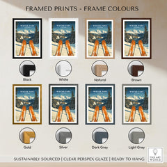 Winter Park Ski Poster - Colorado framed print color options, including black, white, natural, brown, gold, silver, dark grey, light grey.