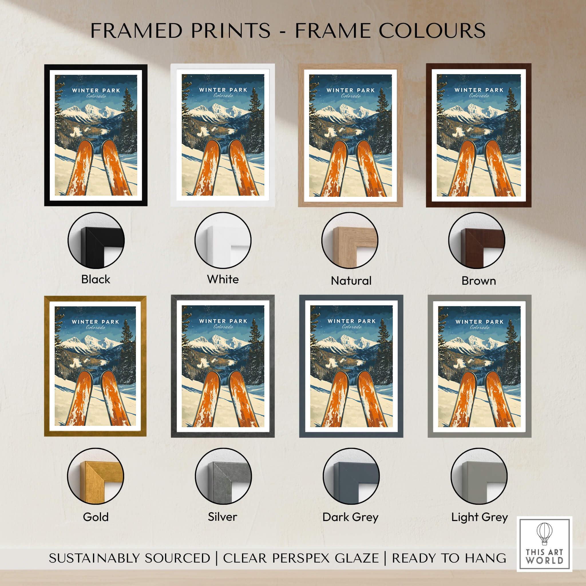 Winter Park Ski Poster - Colorado framed print color options, including black, white, natural, brown, gold, silver, dark grey, light grey.