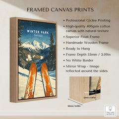 Winter Park Ski Poster -  Colorado framed canvas print showcasing scenic winter slopes and vibrant design.